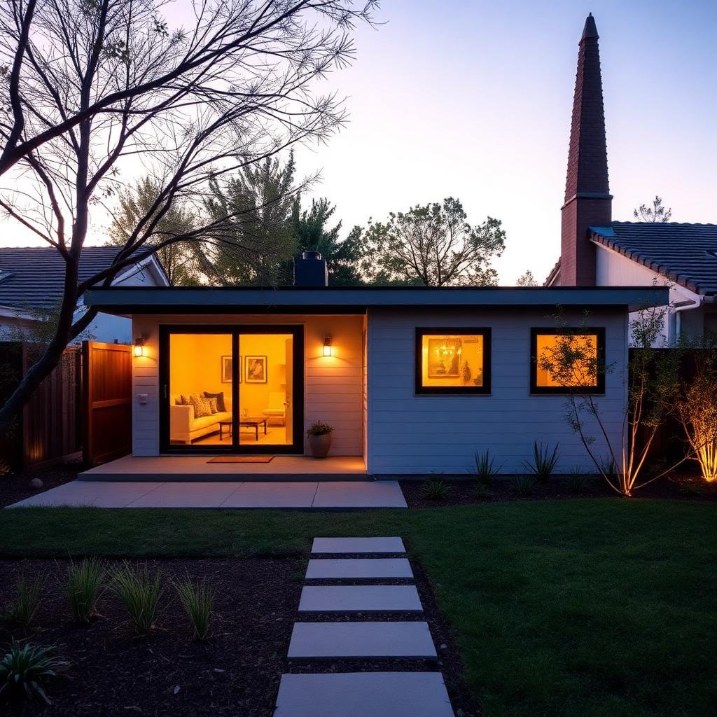 Modern backyard ADU at dusk with warm interior lighting in Modesto, CA